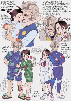 1boy 1girl ahoge arven_(pokemon) belt belt_buckle blue_shirt blue_shorts braid brown_eyes brown_hair buckle candy_apple collared_shirt commentary_request crossed_arms food gloves green_eyes green_shirt green_shorts grin guilty_(deathqueen) hair_over_one_eye highres holding holding_poke_ball juliana_(pokemon) knees leg_up multiple_views nintendo pants poke_ball poke_ball_(basic) pokemon pokemon_sv sandals shirt shoes short_sleeves shorts single_glove smile socks standing teeth toes translation_request white_shirt