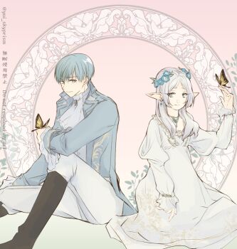 1boy 1girl art_nouveau ascot black_boots blue_hair blue_jacket boots bug butterfly butterfly_on_hand dress elf frieren grey_hair hair_between_eyes hair_over_shoulder himmel_(sousou_no_frieren) insect jacket light_smile long_dress long_hair long_sleeves looking_at_another mole mole_under_eye official_alternate_costume pants parted_bangs pink_background pointy_ears puffy_long_sleeves puffy_sleeves short_hair sitting sousou_no_frieren twitter_username white_ascot white_dress white_pants yellow_butterfly yui_skyprism