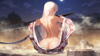 1girl absurdres artist_request ass ass_focus back back_focus bare_back blade_(brown_dust) blade_(onsen_swordfighter)_(brown_dust) breasts brown_dust_(series) brown_dust_2 butt_crack cleavage closed_eyes convenient_censoring egg floral_print from_behind highres holding holding_sword holding_weapon huge_ass japanese_clothes kimono large_breasts long_hair median_furrow official_art official_wallpaper onsen shoulder_blades steam sword undressing weapon white_hair