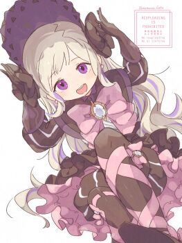 1girl absurdres black_boots black_bow blonde_hair blush bonnet boots bow dress elise_(fire_emblem) fire_emblem fire_emblem_fates gloves hat highres long_hair long_sleeves looking_at_viewer multicolored_hair multiple_girls nintendo open_mouth pink_bow pink_ribbon purple_eyes purple_hair ribbon simple_background smile solo sorane_amus teeth thigh_boots upper_teeth_only white_background
