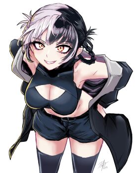 1girl bare_shoulders belt black_hair black_jacket black_shorts braid braided_hair_rings cleavage_cutout clothing_cutout commentary cosplay crop_top english_commentary fang hair_rings hands_on_own_hips highres hololive hololive_english jacket makeup midriff multicolored_hair nanakusa_nazuna_(yofukashi_no_uta) nanakusa_nazuna_(yofukashi_no_uta)_(cosplay) rafliezz shiori_novella shorts signature simple_background smile teeth thighhighs two-tone_hair virtual_youtuber white_hair yellow_eyes yofukashi_no_uta