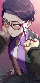 1boy 1other bed_sheet belt belt_buckle black-framed_eyewear black_belt black_coat black_pants blush buckle coat collared_shirt corbeau_(pokemon) fingernails glasses highres lapels male_focus necktie nervous_sweating nintendo open_clothes open_coat open_mouth outstretched_arms pants pokemon pokemon_legends:_z-a pov pov_hands purple_hair purple_shirt round_eyewear sheet_grab shirt shirt_tucked_in short_hair sitting solo_focus sweat tongue white_necktie wing_collar yellow_eyes youkitano