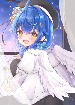 1girl absurdres ahoge amamiya_kokoro bell beret black_hat black_ribbon black_sleeves blue_flower blue_hair blue_sky blush bow braid candle coat curtains dot_nose fang flower frilled_sleeves frills hair_bell hair_between_eyes hair_flower hair_ornament hair_ribbon happy hat highres holding holding_lantern lantern looking_at_viewer looking_back matcha_november nijisanji pink_flower ribbon sidelocks skin_fang sky solo star_(symbol) star_hair_ornament virtual_youtuber white_bow white_coat white_flower white_wings window wings x_hair_ornament yellow_eyes yellow_star