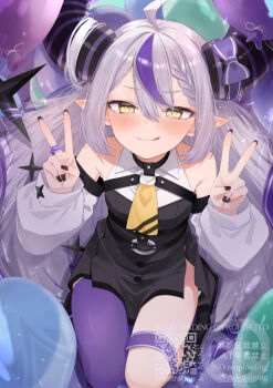1girl :q absurdres ahoge balloon bare_shoulders birthday black_dress black_horns black_nails blush braid braided_bangs breasts chest_harness closed_mouth collared_shirt commentary_request demon_girl demon_horns dot_nose double-parted_bangs double_v dress from_above grey_hair hair_between_eyes hair_intakes harness highres hololive horns huge_horns la+_darknesss la+_darknesss_(1st_costume) lens_flare long_hair long_sleeves looking_at_viewer loose_hair_strand motoi_(croa76) multicolored_hair nail_polish neckerchief o-ring pantyhose pointy_ears puffy_long_sleeves puffy_sleeves purple_horns purple_pantyhose purple_streaks seiza shirt short_dress side_slit sidelocks single_hair_streak single_leg_pantyhose sitting slit_pupils small_breasts solo streaked_hair striped_horns tail tongue tongue_out two-tone_hair v very_long_hair virtual_youtuber watermark white_shirt yellow_eyes yellow_neckerchief