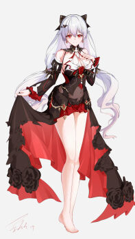 1girl absurdres bare_shoulders barefoot bat_hair_ornament black_dress breasts chinese_commentary cleavage commentary_request covered_navel detached_sleeves dress earrings feet full_body hair_ornament highres honkai_(series) honkai_impact_3rd jewelry large_breasts long_hair looking_at_viewer luna_(honkai_impact) red_eyes simple_background solo toes very_long_hair white_background white_hair wuling_yl