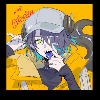 Rule 34 | 1girl, arknights, asbestos (arknights), asbestos (glen sonata) (arknights), black border, black nails, blue tongue, border, character name, colored tongue, commentary request, eyepatch, furrowed brow, green eyes, hair over one eye, hands up, happy birthday, highres, looking at viewer, matsuba (mtbsbr721), mouth pull, open mouth, purple hair, sharp teeth, short hair, solo, tail, teeth, tongue, tongue out, upper body, yellow background