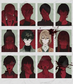 Rule 34 | 6+boys, 6+girls, akechi gorou, amamiya ren, beanie, black eyes, black hair, blood, brown hair, closed eyes, commentary, covering own face, covering own mouth, english commentary, glasses, hair between eyes, hat, highres, kitagawa yuusuke, long hair, looking at another, maruki takuto, morgana (human) (persona 5), morgana (persona 5), multiple boys, multiple girls, niijima makoto, nxxyxtx, okumura haru, persona, persona 5, persona 5 the royal, pom pom (clothes), pom pom beanie, red eyes, sakamoto ryuuji, sakura futaba, spoilers, takamaki anne, twintails, yoshizawa kasumi's sister, yoshizawa sumire