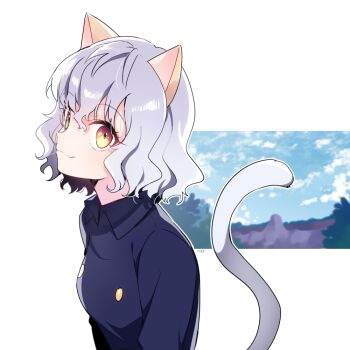 1other animal_ears blue_sky blush cat_ears cat_tail closed_mouth cloud commentary eyelashes grey_hair hair_between_eyes hunter_x_hunter looking_at_viewer neferpitou short_hair simple_background sky solo tail u35 upper_body white_background
