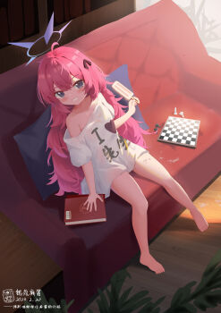 1girl :d absurdres alternate_costume arm_support artist_logo artist_name bare_legs barefoot bishop_(chess) black_eyes black_ribbon blue_archive blush board_game book chess chess_piece chinese_commentary chinese_text clothes_writing collarbone commentary_request commission commissioner_name couch cushion date_shichuan_majiang dated_commentary dim_lighting dot_nose double-parted_bangs food food_on_body food_on_legs from_above full_body grin hair_between_eyes hair_ribbon halo hand_on_book highres holding holding_food holding_popsicle i_heart... indoors iroha_(blue_archive) logo long_hair looking_at_viewer melting_popsicle multi-source_commentary naked_shirt no_bra on_couch open_mouth oversized_clothes oversized_shirt pawn_(chess) plant popsicle purple_halo red_hair ribbon shirt short_sleeves simplified_chinese_text single_bare_shoulder sitting smile solo spiked_halo thank_you translation_request unkempt very_long_hair white_shirt wooden_floor