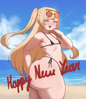1girl ass azur_lane bache_(azur_lane) beach bikini black_bikini blonde_hair blue_sky blush breasts cloud cowboy_shot day fang from_side grabbing_own_ass happy_new_year huge_ass kyojiri_loli long_hair micro_bikini new_year ocean outdoors purple_eyes side-tie_bikini_bottom sky small_breasts smile smug solo standing sunglasses_on_head sweat swimsuit triagorodri