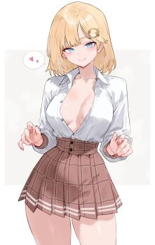 1girl absurdres blonde_hair blue_eyes bluefield bob_cut breasts brown_skirt cleavage closed_mouth collared_shirt commentary cowboy_shot dress_shirt grey_background hair_ornament heart high-waist_skirt highres hololive hololive_english large_breasts long_sleeves looking_at_viewer medium_hair miniskirt partially_unbuttoned plaid_clothes plaid_skirt pleated_skirt shirt shirt_tucked_in simple_background skirt smile solo spoken_heart virtual_youtuber watson_amelia watson_amelia_(1st_costume) white_background white_shirt