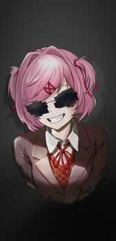 1girl arms_at_sides artist_name black_sweater_vest blazer bob_cut bow bowtie breasts brown_jacket censored collared_shirt commentary cropped_torso doki_doki_literature_club doki_doki_literature_club_school_uniform dress_shirt drop_shadow english_commentary eyelashes fang glitch glitch_censor grey_background grin hair_intakes hair_ornament hair_ribbon head_tilt highres jacket jason_viera looking_at_viewer natsuki_(doki_doki_literature_club) neck_ribbon one_eye_closed parted_lips pink_hair red_bow red_bowtie red_ribbon ribbon scene_reference school_uniform shirt short_hair small_breasts smile solo sunglasses sweater_vest swept_bangs twitter_username two_side_up v-neck white_shirt x_hair_ornament