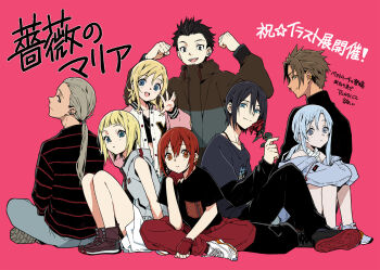 Rule 34 | 4boys, 4girls, azian, bara no maria, beatrice (bara no maria), black eyes, black hair, blonde hair, blue eyes, blue hair, blush, boots, brown hair, character request, check character, commentary request, earrings, flower, from behind, full body, gloves, grey eyes, grey hair, guest art, highres, horiguchi yukiko, jewelry, long hair, looking at viewer, low ponytail, maria rose, multiple boys, multiple girls, open mouth, orange eyes, ponytail, purple eyes, red hair, rose, safinia, shirt, shoes, short hair, shorts, simple background, sitting, smile, sneakers, striped clothes, tomato (bara no maria), translation request