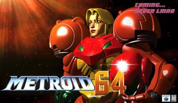 Rule 34 | 1990s (style), 1girl, 3d, arm cannon, armor, blonde hair, blue eyes, brown armor, content rating, copyright name, cover, english text, fake cover, faux retro artstyle, game console, helmet, lipstick, makeup, metroid, multicolored armor, nintendo, nintendo 64, power armor, power suit (metroid), red armor, red lips, retro artstyle, samus aran, shoulder pads, unworn headwear, unworn helmet, upper body, varia suit, video game cover, weapon, yellow armor, yinyanggio14