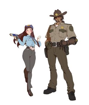 1boy 1girl alternate_costume beard belt black_footwear blue_shirt breast_pocket brown_eyes brown_hair cassidy_(overwatch) collared_shirt cowboy cowboy_hat d.va_(overwatch) et.m facepaint facial_hair facial_mark female_service_cap gloves gun hands_on_own_hips hat holding holding_gun holding_weapon long_hair long_sleeves mechanical_arms mechanical_hands necktie officer_d.va official_alternate_costume overwatch overwatch_1 pocket police police_badge police_hat police_uniform policewoman sheriff_(contemporary) sheriff_badge shirt short_hair simple_background single_mechanical_hand striped_necktie weapon western whisker_markings white_background white_gloves