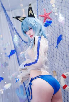 Rule 34 | 1girl, absurdres, animal ears, animal print, ass, bikini, blue bikini, blue eyes, blue hair, breasts, cat ears, cosplay, fake animal ears, fish print, goddess of victory: nikke, helm (aqua marine) (nikke), helm (nikke), highres, jacket, lipstick, looking at viewer, makeup, mole, net, photo (medium), real life, see-through clothes, starfish, string bikini, swimsuit, track jacket, tube
