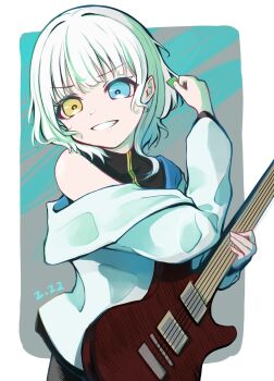 1girl bang_dream! bang_dream!_it&#039;s_mygo!!!!! black_shirt blue_eyes clenched_teeth commentary dated electric_guitar guitar heterochromia highres holding holding_guitar holding_instrument holding_plectrum instrument jacket kaname_raana kui_ckuqiz off_shoulder open_mouth plectrum shirt short_hair sleeveless sleeveless_shirt solo symbol-only_commentary teeth white_hair white_jacket yellow_eyes