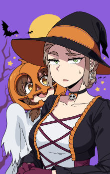 2girls black_choker black_hat bow bow_choker breasts brown_hair choker commentary_request crescent crescent_earrings earrings galois ghost_costume green_eyes hair_over_shoulder hat highres jack-o'-lantern jewelry korean_commentary large_breasts mask multiple_girls open_mouth original purple_background purple_eyes raised_eyebrow smile star_(symbol) sweatdrop thick_eyebrows witch_hat yellow_eyes