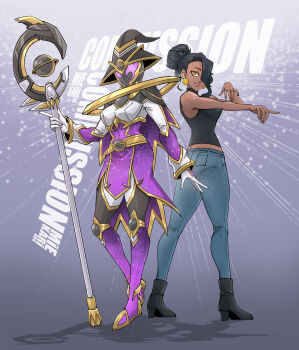 1girl bare_arms belt black_gemstone black_hair black_hat black_mask black_pants black_shoes black_tank_top blue_pants borrowed_character breasts brooch commentary commission curtained_hair dark-skinned_female dark_skin denim dual_persona earrings english_commentary full_body gem gloves gold_belt gold_earrings gold_trim hair_bun hair_over_one_eye hat helmet high_heels highres holding holding_staff jeans jewelry kamen_rider laura_burrell_(k.r._starman) long_sleeves medium_breasts mie_kari original pants parted_lips purple_skirt shoes shoulder_pads single_hair_bun skirt staff standing star_(sky) tank_top white_gloves witch_hat yellow_eyes