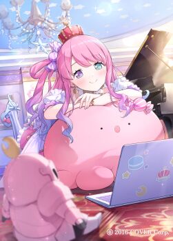 1girl amenosaka_nono blue_shoes blush bracelet candelabra candlestand candy_hair_ornament closed_mouth collar company_name computer copyright_notice crescent crescent_earrings crown detached_sleeves dress earrings fingernails food-themed_hair_ornament green_eyes hair_ornament hair_rings hetero high_heels himemori_luna himemori_luna_(1st_costume) hololive indoors jewelry laptop long_hair looking_at_viewer luknight_(himemori_luna) mini_crown official_art one_side_up pantyhose pink_dress pink_eyes pink_hair pink_nails purple_pantyhose red_crown shoes short_sleeves single_hair_ring smile striped_clothes striped_pantyhose vertical-striped_clothes vertical-striped_pantyhose virtual_youtuber white_collar white_sleeves