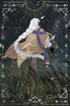 1boy absurdres baiguigelierwan black_boots black_skin boots border braid brown_pants cael_anselm cael_anselm_(godheim) chinese_commentary colored_skin faceless faceless_male facing_away from_behind full_body green_background hair_between_eyes highres knee_boots long_hair long_sleeves lovebrush_chronicles male_focus moon_phases official_alternate_costume open_hand ornate_border pants purple_scarf reeds scarf shirt single_braid solo standing very_long_hair white_hair white_shirt yellow_cloak