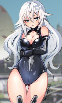 1girl absurdres black_gloves black_heart_(neptunia) black_leotard black_thighhighs blue_eyes blurry blurry_background breasts cleavage cleavage_cutout clothing_cutout elbow_gloves gloves gluteal_fold hair_between_eyes highres leotard long_hair looking_at_viewer medium_breasts neptune_(series) nyanmech power_symbol power_symbol-shaped_pupils solo symbol-shaped_pupils thigh_gap thighhighs white_hair wide_hips