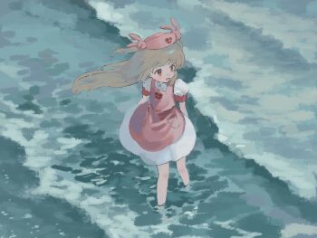 &gt;_&lt; 1girl absurdres apron blush collared_dress dress hair_ornament hat heart highres long_hair looking_to_the_side natori_sana nurse_cap ocean open_mouth outdoors pink_apron pink_hat puffy_short_sleeves puffy_sleeves rabbit_hair_ornament red_eyes sana_channel short_sleeves smile solo standing two_side_up umamisui virtual_youtuber wading water waves white_dress wind