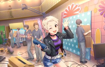 Rule 34 | ;d, artist request, belt, black choker, black footwear, black jacket, black shirt, blonde hair, blue shorts, blush, box, buckle, cable, camera, chair, choker, crane (machine), denim, denim shorts, ear piercing, earrings, eyelashes, folding chair, glint, grey footwear, grey pants, grey shirt, hand up, holding, holding box, idolmaster, idolmaster cinderella girls, indoors, jacket, jewelry, leather, leather jacket, monitor, official art, one eye closed, open clothes, open jacket, open mouth, orange eyes, pants, piercing, pixie cut, purple shirt, senzaki ema, shirt, shoes, short hair, shorts, smile, solo focus, stage lights, standing, striped clothes, striped shirt, third-party source, two-tone shirt, very short hair, video camera, white belt