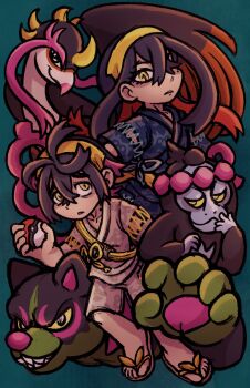 1boy 1girl absurdres aqua_background black_hair brother_and_sister carmine_(pokemon) closed_mouth colored_inner_hair commentary deadboyhole english_commentary eyelashes festival_jinbei fezandipiti hair_between_eyes hairband highres holding holding_poke_ball japanese_clothes jinbei_(clothes) kieran_(pokemon) long_hair mole mole_under_eye multicolored_hair munkidori nintendo nostrils okidogi poke_ball poke_ball_(basic) pokemon pokemon_(creature) pokemon_sv purple_hair red_hair sandals sharp_teeth short_hair short_sleeves siblings smile teeth toes two-tone_hair yellow_hairband