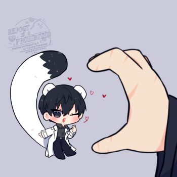 1boy 1other ;d animal_ears black_shirt chibi chibi_only coat collared_shirt commentary finger_heart full_body heart heart_hands heart_hands_duo heart_hands_failure highres kemonomimi_mode kim_dokja kimidori_22 leaning_back mouse_ears mouse_tail multiple_scars omniscient_reader&#039;s_viewpoint one_eye_closed open_clothes open_coat open_mouth outstretched_arm pov pov_hands scar scar_on_hand shirt smile standing symbol-only_commentary tail white_coat yoo_joonghyuk