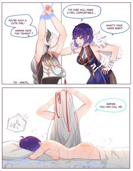 2girls 2koma absurdres aftersex ankie_(ankys_) arms_up ass bare_shoulders bdsm bed_sheet black_bodysuit blue_dress blush blush_stickers bob_cut bodysuit bondage bound bound_wrists braid breast_curtain breasts comic commentary derivative_work diagonal_bangs dice dress ear_piercing earrings english_commentary english_text engrish_text face_in_pillow feather-trimmed_jacket female_focus femdom fingerless_gloves fur_trim genshin_impact gloves green_eyes grey_hair hair_over_one_eye hickey highres hugging_object injury instant_loss jacket jacket_on_shoulders jewelry large_breasts lipstick long_hair looking_at_another low-braided_long_hair low-tied_long_hair makeup mole mole_on_breast multicolored_hair multiple_girls neck_tassel piercing pillow pillow_hug purple_hair purple_lips ranguage restrained rope_marks shenhe_(genshin_impact) short_hair simple_background single_braid slap_mark smile tassel tassel_choker tassel_earrings twitter_username tying_hair whip_marks white_background white_gloves white_jacket wrist_cuffs yelan_(genshin_impact) yuri
