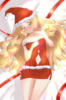 1girl absurdres bare_shoulders blonde_hair blue_eyes caitlin_(pokemon) clothing_cutout commentary_request diamond_cutout dress eyelashes grin hat highres long_hair looking_at_viewer lying navel navel_cutout nintendo off-shoulder_dress off_shoulder on_back pokemon pokemon_bw red_dress red_hat red_ribbon ribbon santa_hat shiny_skin shirokumaru_(yafm7388) smile solo teeth