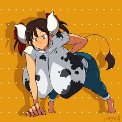 1girl animal_print animated barefoot breasts brown_hair cow_girl cow_print denim exercising gigantic_breasts hataraki_ari horns jeans original pants push-ups shirt short_hair short_twintails sukimi sweat tail twintails ugoira video yellow_eyes