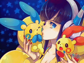 Rule 34 | 1girl, art academy (medium), black hair, blue background, blue eyes, blue nails, breasts, cleavage, collarbone, commentary request, elesa (pokemon), fingernails, gen 3 pokemon, headphones, holding, holding pokemon, kiss, long hair, minun, nail polish, nintendo, one eye closed, plusle, pokemon, pokemon (creature), pokemon bw2, red nails, saikachi (ogre tree), star (symbol), star symbol background