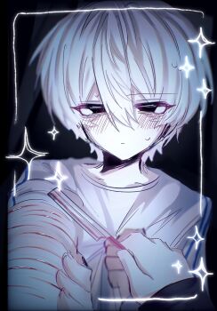 01_1_08 1boy blush half-closed_eyes hand_on_own_arm highres holding_razor_blade jitome long_sleeves looking_at_viewer male_focus original outstretched_arm pov pov_hands razor_blade shirt short_hair sleeves_rolled_up solo white_hair white_shirt wrist_cutting