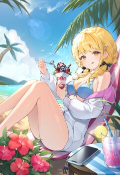 1girl :q absurdres beads blonde_hair blue_bra bra braid breasts cellphone cleavage commentary_request cup dot_nose drinking_glass drinking_straw eating feet_out_of_frame flower food fruit fujita_kotone gakuen_idolmaster highres holding holding_food holding_spool idolmaster jacket knees_together_feet_apart knees_up lemon lemon_slice licking_lips light_blush long_sleeves looking_at_viewer low_twin_braids medium_breasts nawon outdoors phone reclining red_flower smartphone solo swept_bangs thighs tongue tongue_out twin_braids underwear white_jacket yellow_eyes