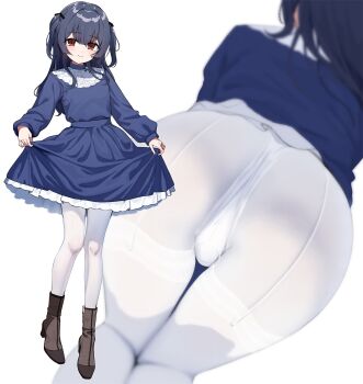 1girl ass blue_dress boots breasts brown_eyes commentary_request dress frilled_dress frills gin00 grey_hair highres idolmaster idolmaster_shiny_colors long_hair low_twintails morino_rinze multiple_views pantyhose small_breasts thigh_gap twintails white_pantyhose