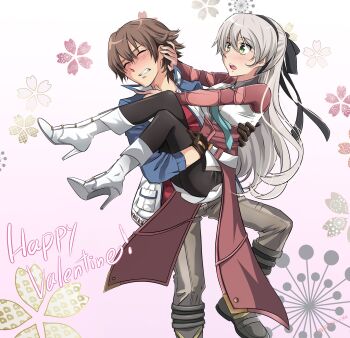 Rule 34 | 1boy, 1girl, ao no kiseki, black hairband, blush, brown gloves, brown hair, carrying, carrying person, coat, couple, eiyuu densetsu, elie macdowell, gloves, grey hair, hairband, hajimari no kiseki, happy valentine, highres, lloyd bannings, long hair, mullet, princess carry, spirit rise, valentine, white hair, zero no kiseki