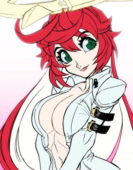 ankh breasts cleavage green_eyes guilty_gear halo highres jack-o&#039;_valentine jumpsuit large_breasts long_hair midriff multicolored_hair navel red_hair simple_background teevo two-tone_hair white_hair