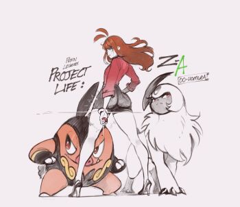 1girl absol ass blood closed_mouth dynamic_pose fangs gen_3_pokemon gen_5_pokemon highres holding holding_poke_ball long_hair long_sleeves looking_at_viewer looking_back ludivine_(nyantcha) nintendo nyantcha pignite poke_ball poke_ball_(basic) pokemon pokemon_(creature) pokemon_legends:_z-a serious solo thighs