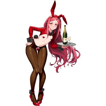 1girl animal_ear_hairband animal_ears black_collar black_wrist_cuffs blush breasts brown_pantyhose champagne_bottle champagne_flute closed_mouth clothing_cutout collar crotch_cutout cup drinking_glass english_text fake_animal_ears fake_tail flat_chest full_body glass_bottle gluteal_fold hairband hand_on_own_hip heart_maebari heart_pasties high_heels highres holding holding_tray last_origin leaning_forward linea_alba long_hair looking_at_viewer maebari navel night_angel_(last_origin) non-web_source official_alternate_costume official_art pantyhose pasties pigeon-toed pom_pom_(clothes) rabbit_tail red_eyes red_shoes red_shrug reverse_bunnysuit reverse_outfit ribs shoes shrug_(clothing) sidelocks simple_background solo standing tachi-e tail transparent_background tray u-rix wrist_cuffs