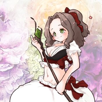 1girl bow breasts brown_hair closed_mouth commentary_request cowboy_shot floral_background forehead frilled_shirt frills green_eyes hair_bow holding holding_staff large_breasts looking_up mage_staff medium_hair navel olto_rondo original raised_eyebrows red_bow shirt short_sleeves skirt smile solo staff stomach white_shirt white_skirt