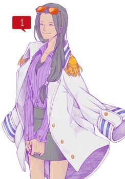 1girl ^_^ aejooart black_hair black_skirt closed_eyes closed_mouth coat coat_on_shoulders commentary english_commentary eyewear_on_head highres long_hair marine_uniform_(one_piece) nico_robin numbered one_piece orange-tinted_eyewear purple_shirt shirt simple_background skirt solo striped_clothes striped_shirt tinted_eyewear vertical-striped_clothes vertical-striped_shirt white_background