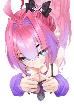 1girl absurdres ahoge black_bow black_shoes blue_eyes blush bow breasts center-flap_bangs cleavage clothing_cutout colored_inner_hair commentary_request double-parted_bangs from_above gradient_hair hair_bow hair_intakes highres hololive hololive_dev_is jape_(ja_pehhhh) kikirara_vivi large_breasts long_hair looking_at_viewer multicolored_hair nail_polish pink_hair pink_nails pointy_ears purple_arm_warmers shoes simple_background solo thigh_cutout two-tone_hair very_long_hair virtual_youtuber white_background