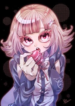1girl absurdres breasts brown_hair collared_shirt danganronpa_(series) danganronpa_2:_goodbye_despair dessert flipped_hair food hair_ornament hand_up highres hood jacket large_breasts long_sleeves looking_at_viewer medium_hair nanami_chiaki neck_ribbon open_clothes open_jacket pink_eyes pink_ribbon ribbon rukiko_katushika shirt solo sweets two-tone_shirt white_shirt