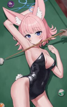 1girl absurdres animal_ear_fluff animal_ears armpits ball billiard_ball black_leotard blue_archive blue_halo covered_navel cue_stick fake_tail fox_ears fox_girl halo highleg highres leotard looking_at_viewer lying maji_(majidesu3) niko_(blue_archive) on_back pink_hair playboy_bunny pool_table purple_eyes solo_focus strapless strapless_leotard table tail