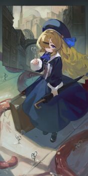 1girl absurdres ascot beret black_dress black_hat black_shoes blonde_hair blue_ascot blue_ribbon briefcase closed_mouth closed_umbrella commentary_request dress full_body hair_ornament hair_over_one_eye hairclip hat hat_ribbon highres holding holding_scissors holding_umbrella long_hair long_sleeves marukaka one_eye_covered original outdoors puffy_long_sleeves puffy_sleeves purple_eyes ribbon scissors shoes solo standing tentacles umbrella very_long_hair