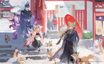 1boy 2girls absurdres animal_ears apron arknights black_coat black_hakama black_jacket black_pants black_sandals black_vest blonde_hair bobby_socks closed_mouth coat family father_and_child father_and_daughter fox fox_boy fox_ears fox_girl fox_statue fox_tail green_eyes hairband hakama hakama_skirt highres holding holding_umbrella husband_and_wife jacket japanese_clothes kariginu kimono kitsune kyuubi long_hair long_sleeves mother_and_child mother_and_daughter multicolored_hair multiple_girls multiple_tails necktie official_alternate_costume oil-paper_umbrella okobo open_clothes open_coat open_jacket open_mouth orange_eyes pants parent_and_child pink_hair pink_kimono platform_sandals purple_hair red_hairband red_necktie red_umbrella sandals short_hair skirt smile snow socks streaked_hair suzuran's_father_(arknights) suzuran_(arknights) suzuran_(yukibare)_(arknights) tail umbrella very_short_hair vest vulpisfoglia_(arknights) waist_apron white_socks whitessen winter