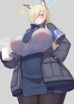 1girl animal_ears armband black_gloves black_jacket blonde_hair blue_archive blue_eyes blue_skirt blush breasts brown_pantyhose button_gap clenched_teeth covered_erect_nipples cream_cod cup dog_ears dress_shirt extra_ears gloves grey_shirt hair_over_one_eye halo highres huge_breasts jacket kanna_(blue_archive) long_hair long_sleeves looking_at_viewer mug necktie open_clothes open_jacket pantyhose pencil_skirt sharp_teeth shirt skirt solo teeth thick_thighs thighs wide_hips