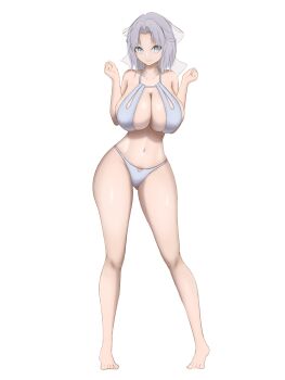 1girl absurdres azur_lane bare_shoulders bikini blue_eyes bow breasts center_opening cleavage collarbone commentary_request contrapposto full_body grey_hair hair_bow highres huge_breasts looking_at_viewer medium_hair navel official_alternate_costume senran_kagura simple_background solo standing swimsuit white_background white_bikini white_bow yashikayashimok yumi_(afternoon_teatime)_(senran_kagura) yumi_(senran_kagura)